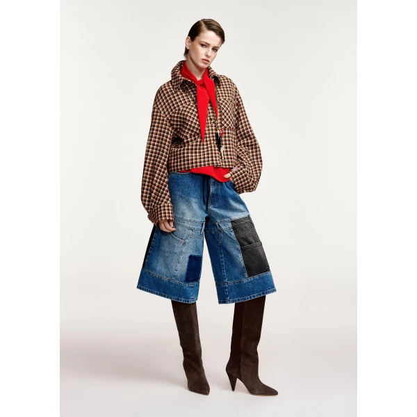 Essentiel Antwerp Brown, black and cream checked wool-blend jacket with patch pockets, view 2