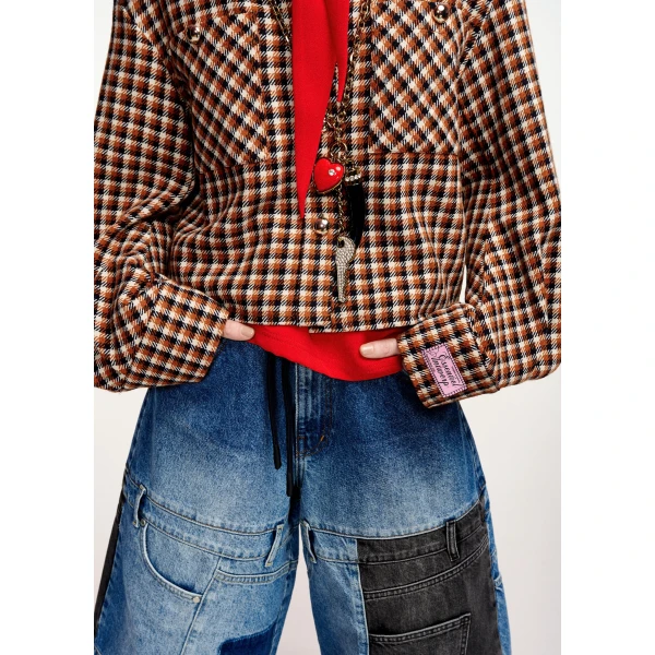 Essentiel Antwerp Brown, black and cream checked wool-blend jacket with patch pockets, view 3