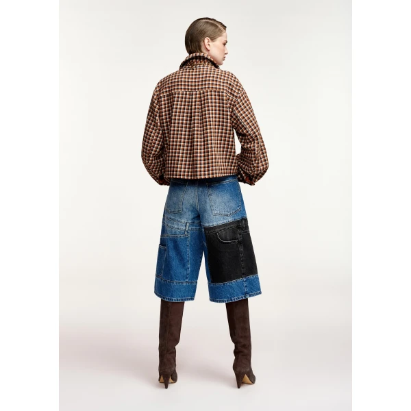 Essentiel Antwerp Brown, black and cream checked wool-blend jacket with patch pockets, view 5
