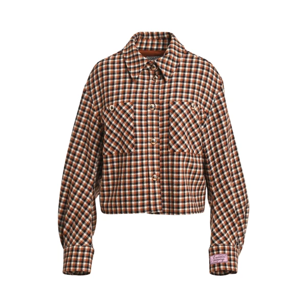Essentiel Antwerp Brown, black and cream checked wool-blend jacket with patch pockets