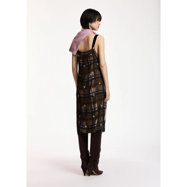 Essentiel Antwerp Brown, black and ecru mesh slip dress with floral embellishments, view 5