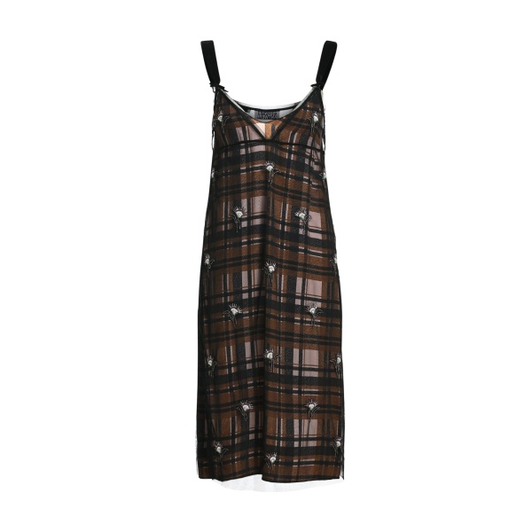 Essentiel Antwerp Brown, black and ecru mesh slip dress with floral embellishments
