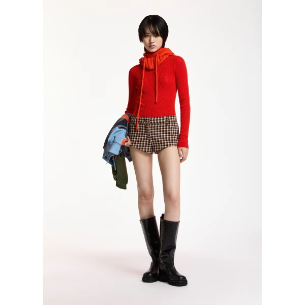 Essentiel Antwerp Brown, black and off-white checked wool-blend shorts, view 2