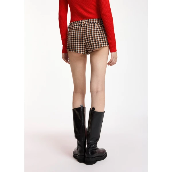 Essentiel Antwerp Brown, black and off-white checked wool-blend shorts, view 5