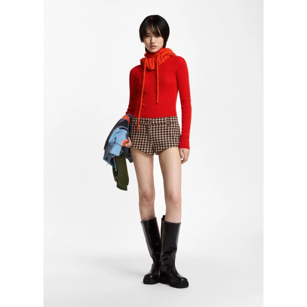 Essentiel Antwerp Brown, black and off-white checked wool-blend shorts, view 6