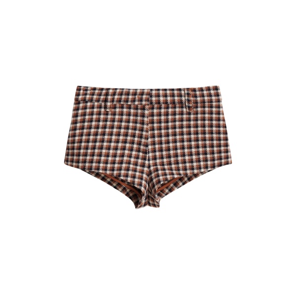 Essentiel Antwerp Brown, black and off-white checked wool-blend shorts