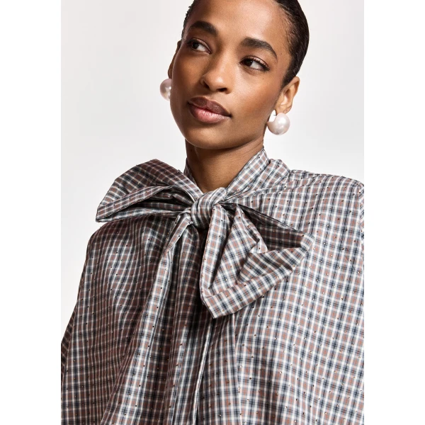Essentiel Antwerp Brown, dark grey and off-white checked pussy-bow top with trumpet sleeves, view 2