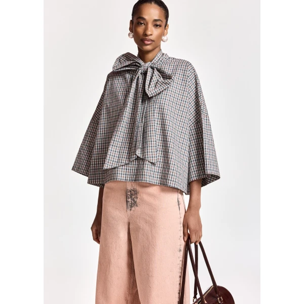 Essentiel Antwerp Brown, dark grey and off-white checked pussy-bow top with trumpet sleeves, view 3