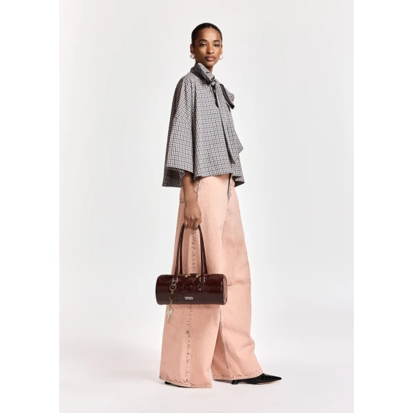 Essentiel Antwerp Brown, dark grey and off-white checked pussy-bow top with trumpet sleeves, view 4