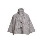 Essentiel Antwerp Brown, dark grey and off-white checked pussy-bow top with trumpet sleeves