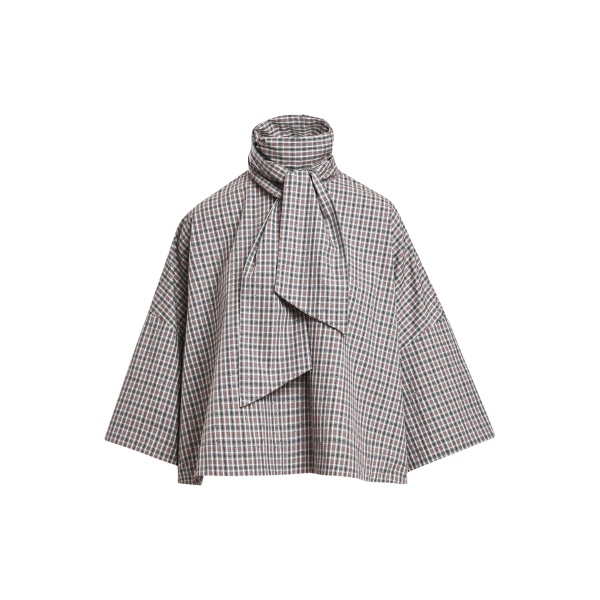 Essentiel Antwerp Brown, dark grey and off-white checked pussy-bow top with trumpet sleeves