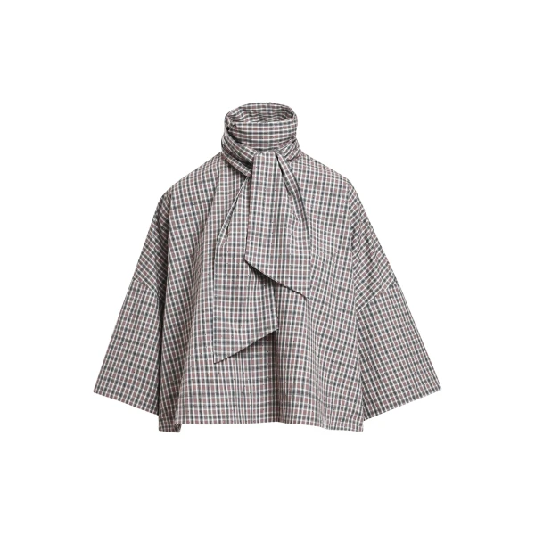 Essentiel Antwerp Brown, dark grey and off-white checked pussy-bow top with trumpet sleeves