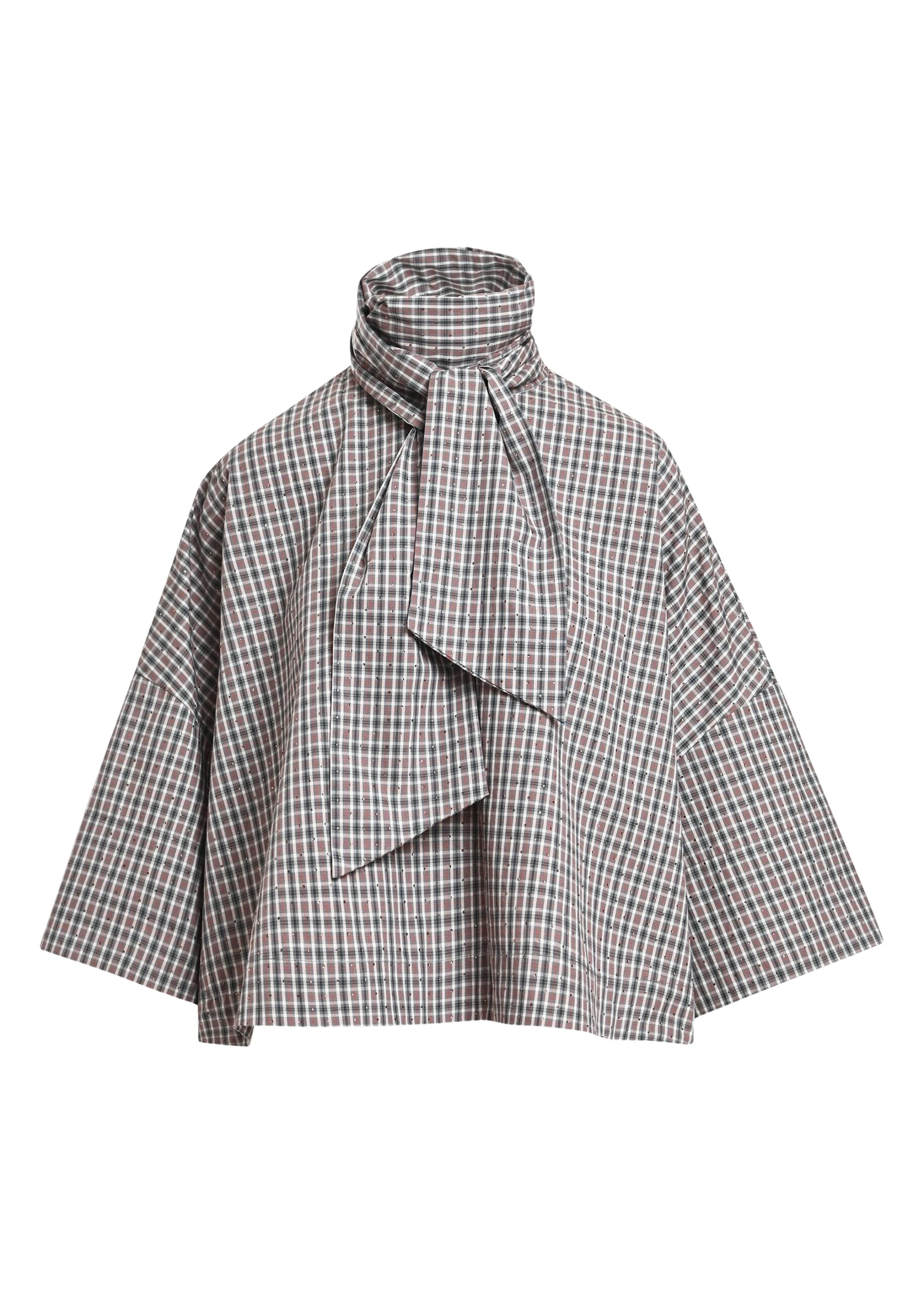 Essentiel-Antwerp-Brown-dark-grey-and-off-white-checked-pussy-bow-top-with-trumpet-sleeves-scaled84186_nobg Essentiel Antwerp Brown, dark grey and off-white checked pussy-bow top with trumpet sleeves