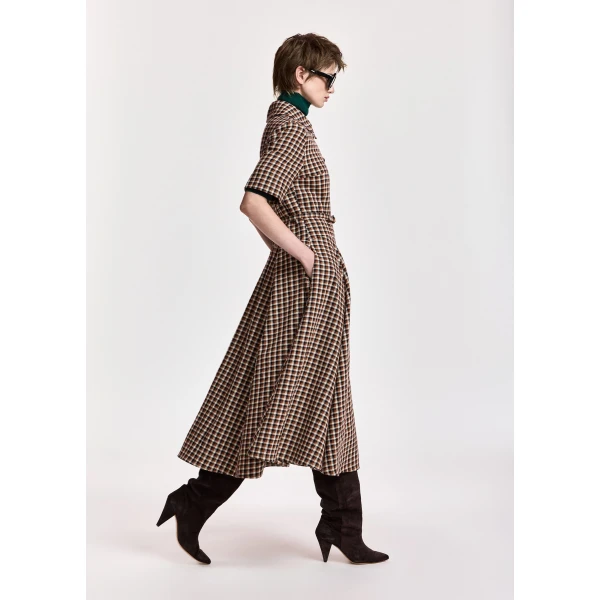 Essentiel Antwerp Brown, orange and cream wool-blend checked midi shirt dress, view 2