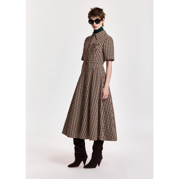 Essentiel Antwerp Brown, orange and cream wool-blend checked midi shirt dress, view 3