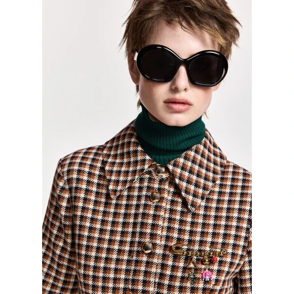 Essentiel Antwerp Brown, orange and cream wool-blend checked midi shirt dress, view 4