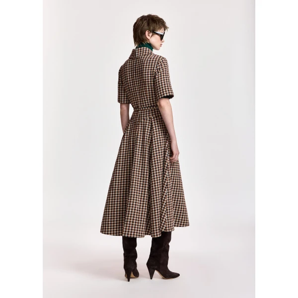 Essentiel Antwerp Brown, orange and cream wool-blend checked midi shirt dress, view 5