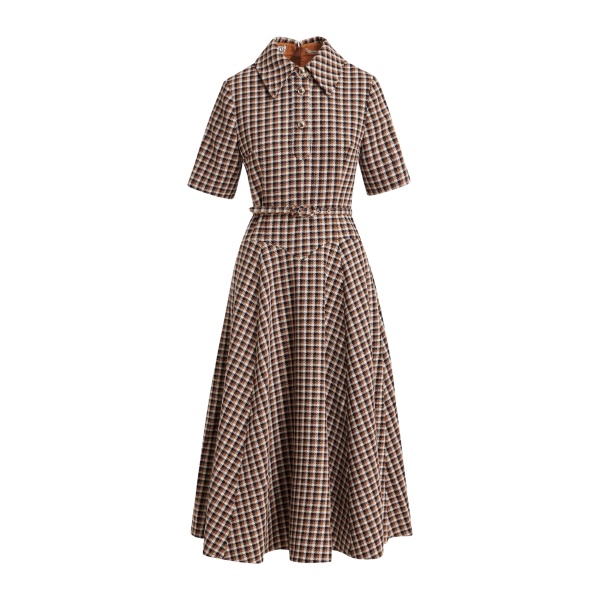 Essentiel Antwerp Brown, orange and cream wool-blend checked midi shirt dress