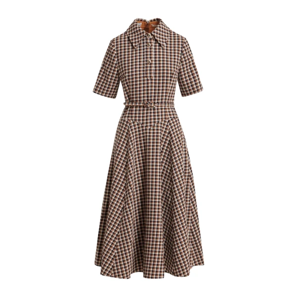 Essentiel Antwerp Brown, orange and cream wool-blend checked midi shirt dress