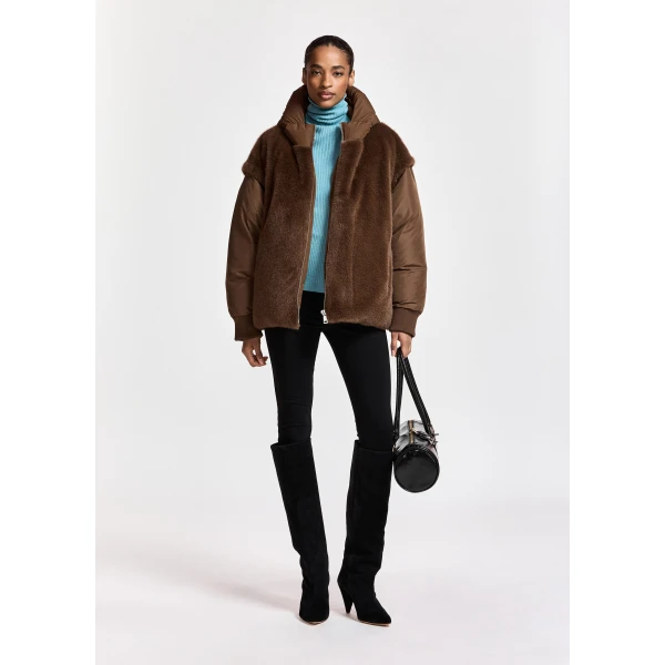 Essentiel Antwerp Brown oversized faux-fur puffer jacket with detachable sleeves, view 3