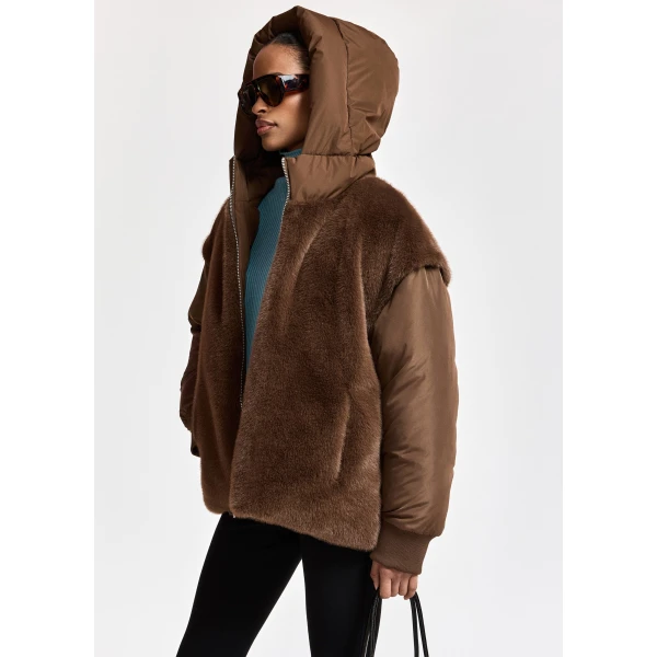Essentiel Antwerp Brown oversized faux-fur puffer jacket with detachable sleeves, view 4