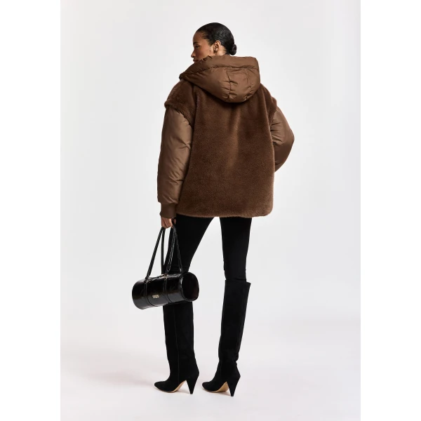 Essentiel Antwerp Brown oversized faux-fur puffer jacket with detachable sleeves, view 5