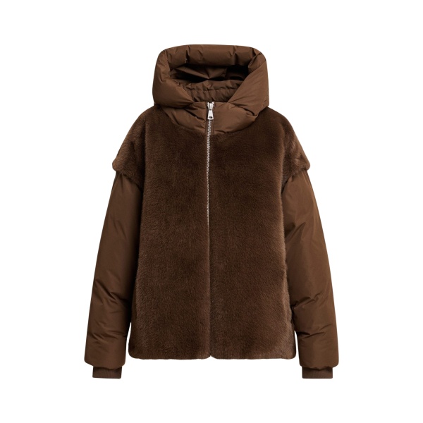 Essentiel Antwerp Brown oversized faux-fur puffer jacket with detachable sleeves