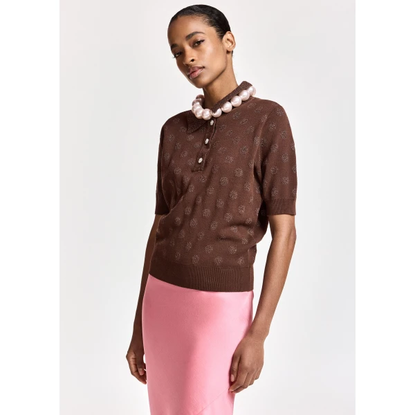 Essentiel Antwerp Brown polka-dot jacquard knit polo, view 3