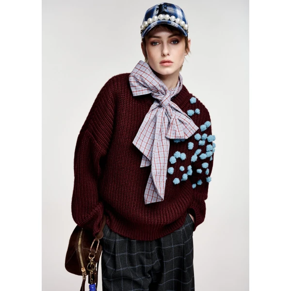 Essentiel Antwerp Burgundy and blue pompon-embellished knitted sweater, view 2