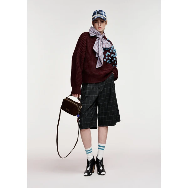 Essentiel Antwerp Burgundy and blue pompon-embellished knitted sweater, view 3