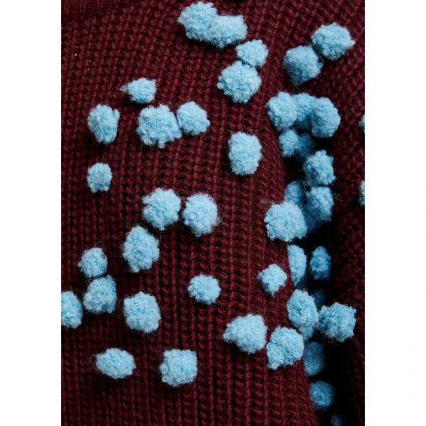 Essentiel Antwerp Burgundy and blue pompon-embellished knitted sweater, view 6