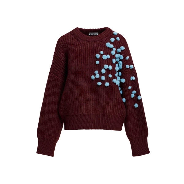 Essentiel Antwerp Burgundy and blue pompon-embellished knitted sweater