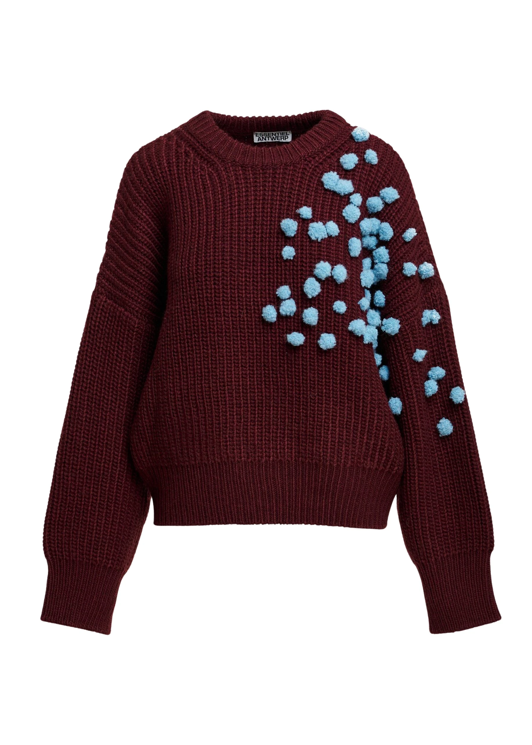 Essentiel-Antwerp-Burgundy-and-blue-pompon-embellished-knitted-sweater-scaled38527_nobg Essentiel Antwerp Burgundy and blue pompon-embellished knitted sweater