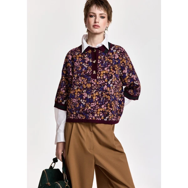 Essentiel Antwerp Burgundy, dark green and multicolor floral-print polo with bow buttons Top, view 2