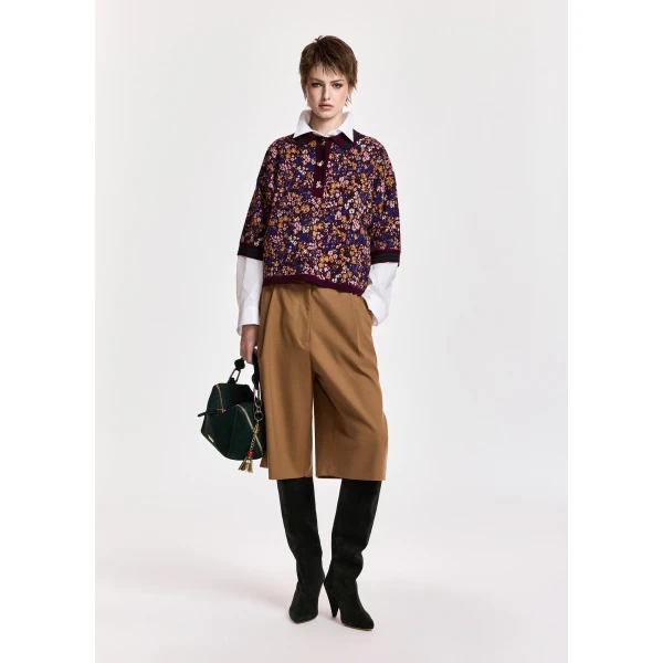Essentiel Antwerp Burgundy, dark green and multicolor floral-print polo with bow buttons Top, view 5