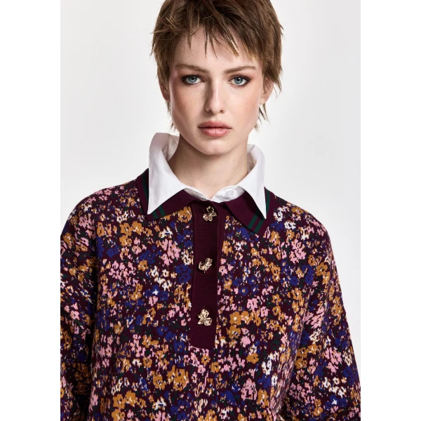 Essentiel Antwerp Burgundy, dark green and multicolor floral-print polo with bow buttons Top, view 6