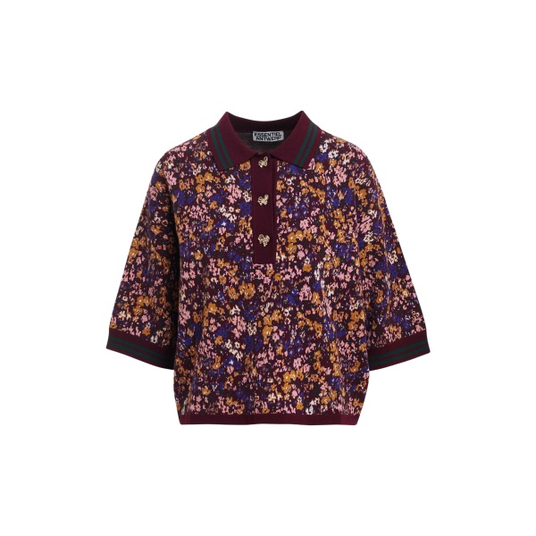 Essentiel Antwerp Burgundy, dark green and multicolor floral-print polo with bow buttons Top