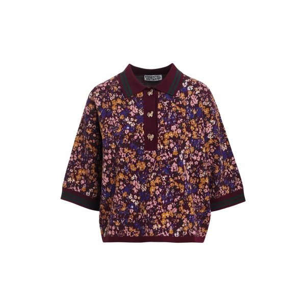 Essentiel Antwerp Burgundy, dark green and multicolor floral-print polo with bow buttons Top