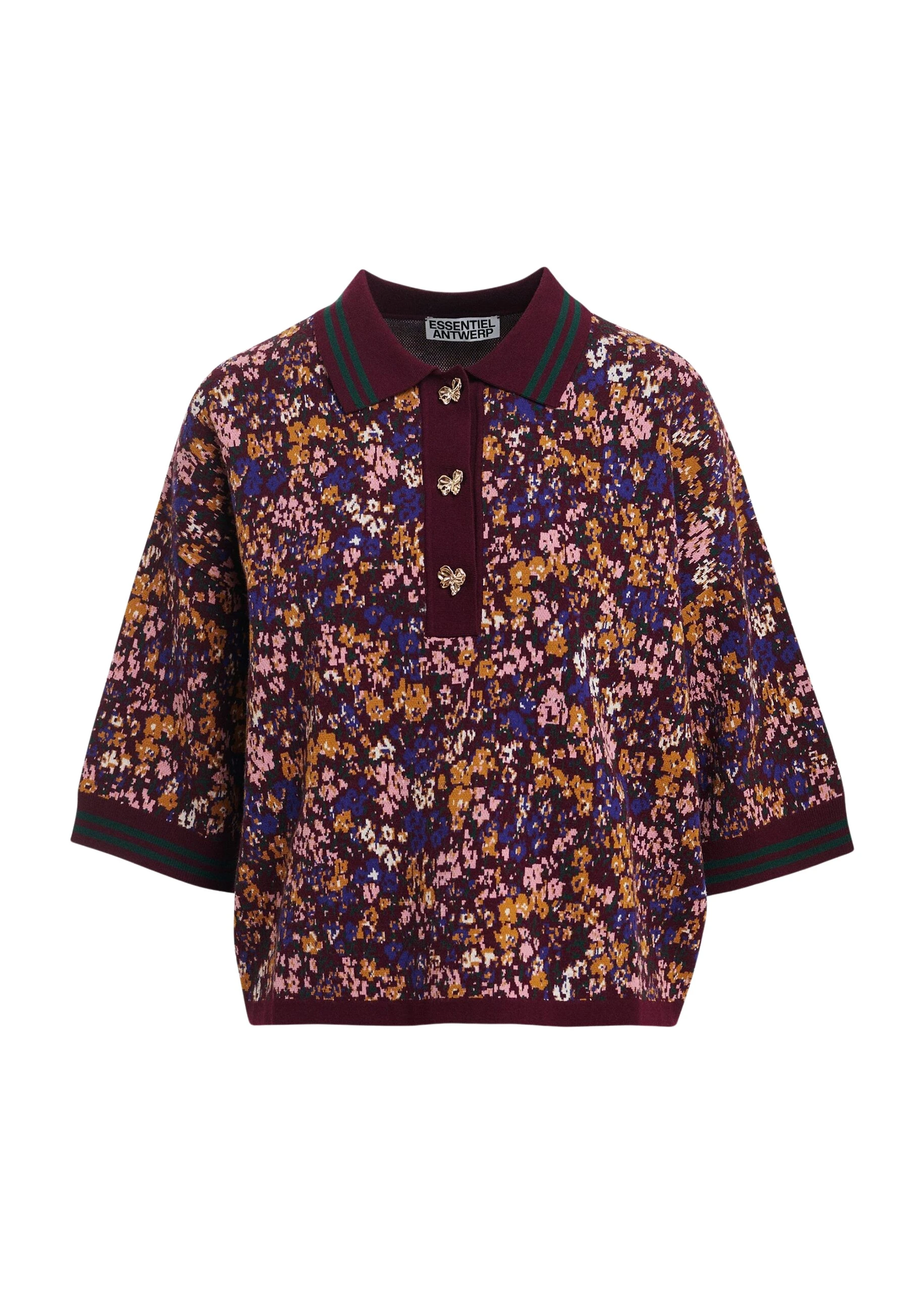 Essentiel-Antwerp-Burgundy-dark-green-and-multicolor-floral-print-polo-with-bow-buttons-scaled87053_nobg Essentiel Antwerp Burgundy, dark green and multicolor floral-print polo with bow buttons Top