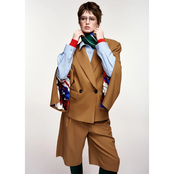 Essentiel Antwerp Camel double-breasted blazer with underarm zip detail, view 2
