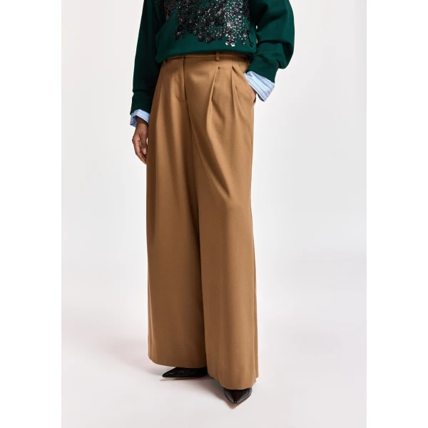 Essentiel Antwerp Camel wide-leg pants with twisted seam detail, view 3