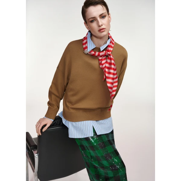 Essentiel Antwerp Camel wool-blend sweater with embellished red and light pink striped scarf detail, view 2