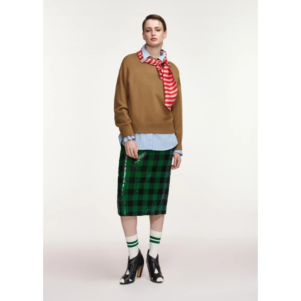 Essentiel Antwerp Camel wool-blend sweater with embellished red and light pink striped scarf detail, view 3