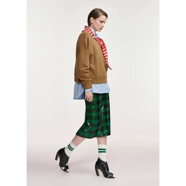 Essentiel Antwerp Camel wool-blend sweater with embellished red and light pink striped scarf detail, view 4