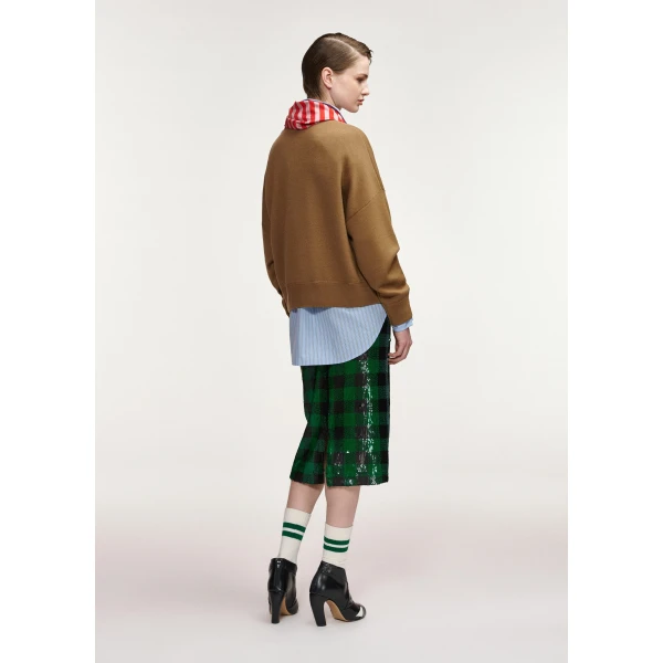 Essentiel Antwerp Camel wool-blend sweater with embellished red and light pink striped scarf detail, view 5