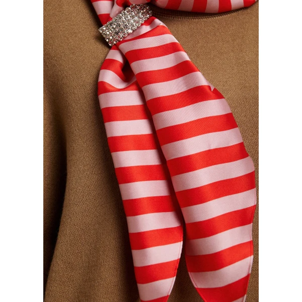 Essentiel Antwerp Camel wool-blend sweater with embellished red and light pink striped scarf detail, view 6