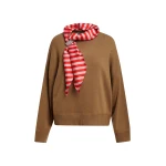 Essentiel Antwerp Camel wool-blend sweater with embellished red and light pink striped scarf detail