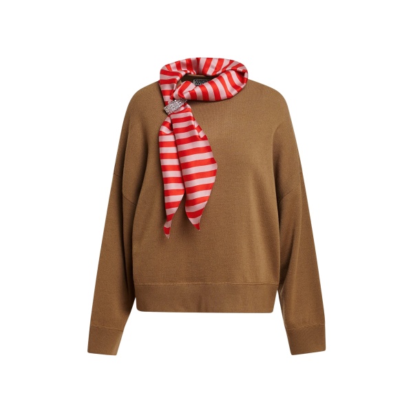 Essentiel Antwerp Camel wool-blend sweater with embellished red and light pink striped scarf detail