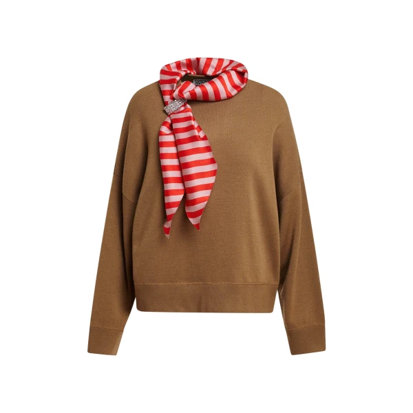 Essentiel Antwerp Camel wool-blend sweater with embellished red and light pink striped scarf detail