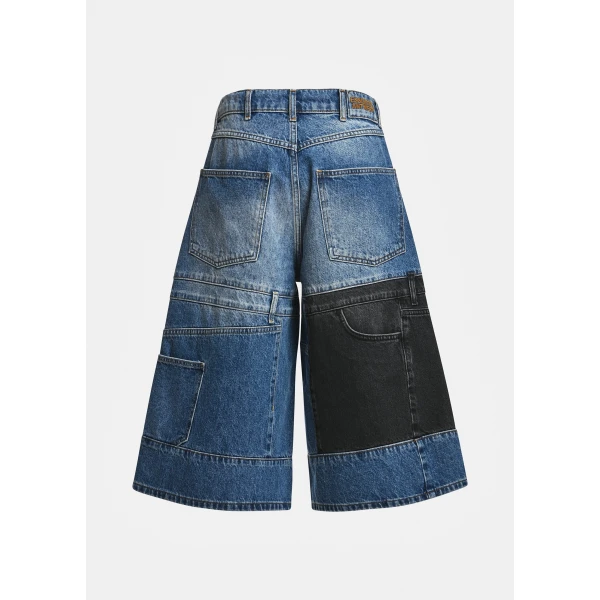 Essentiel Antwerp Dark blue and black dual-panel patchwork denim shorts, view 2